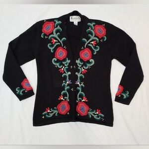 Vintage 80s Knitting Needles Embroidered Cardigan Sweater M